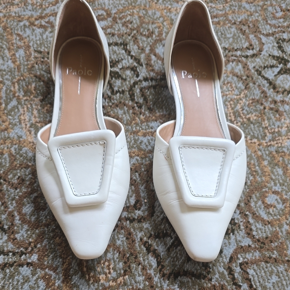 Paolo White Flats with Decorative Buckle and Slingback
